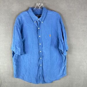Ralph Lauren Shirt Mens 2XL Blue Silk Linen Blend Short Sleeve Button Down